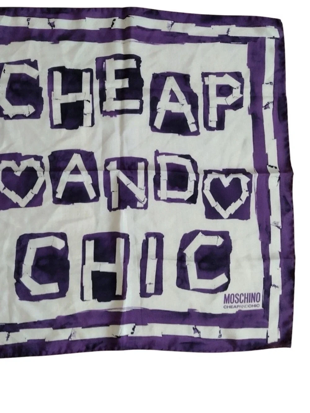 Moschino Vintage Rare 100% Silk ‘Cheap and Chic' Heart Scarf, Purple & White NWT